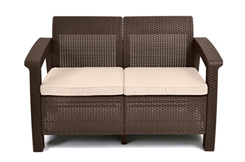 keter Corfu Resin Wicker Loveseat with Outdoor Cushions - Patio Furniture Perfect for Front Porch Décor and Poolside Seating, Brown