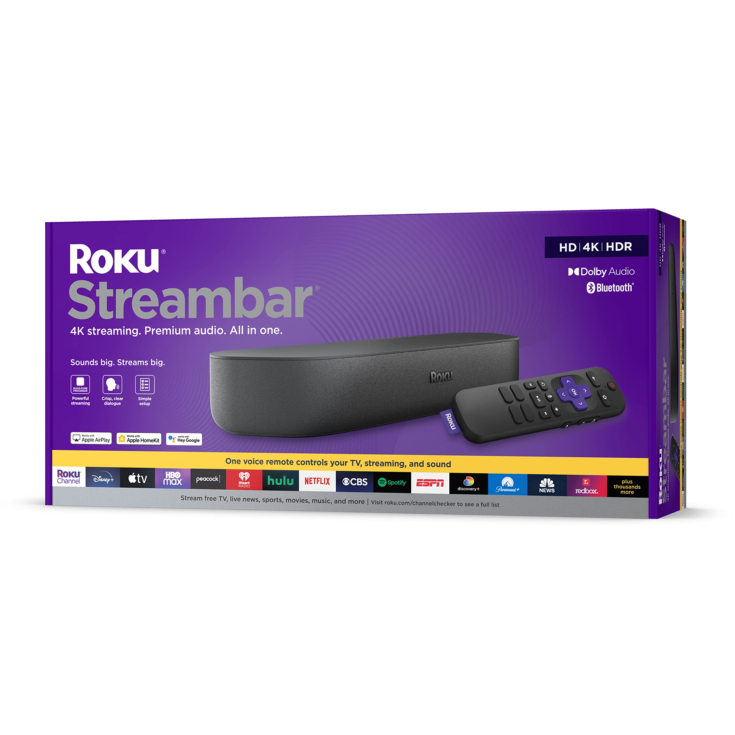 Roku Streambar | 4K/HD/HDR Streaming Media Player & Premium Audio, All in One, Includes Voice Remote
