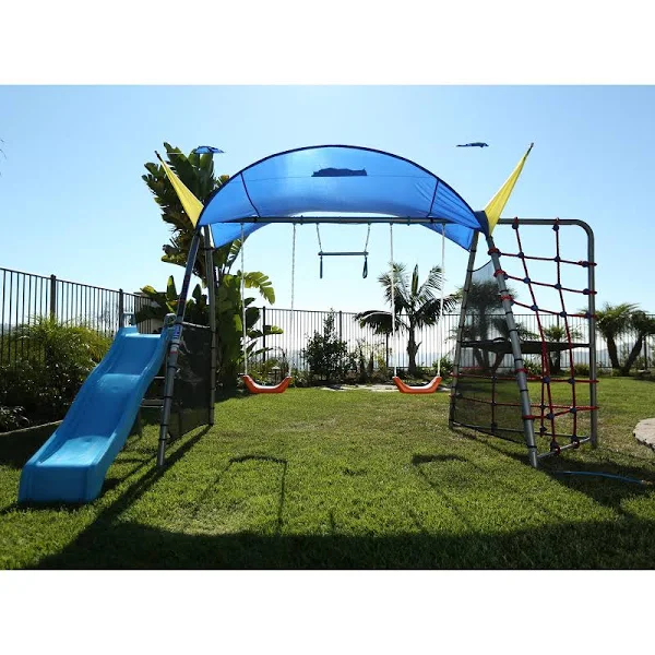 Ironkids  Challenge 300 Refreshing Mist Swing Set with Rope Climb and Expanded UV Protective Sunshade - Playground system
